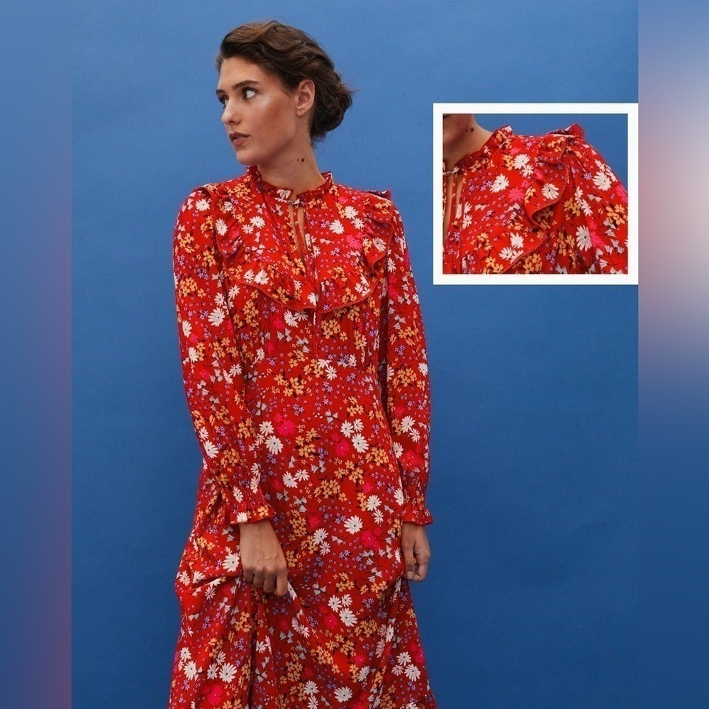 Oliver Bonas Floral Print & Frilled Bib Trim Red Midi Dress 2 EE29 - Picture 2 of 16